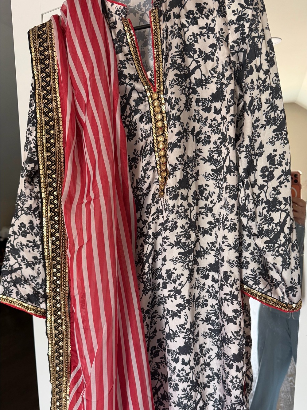 Black & White Floral Tunic with Red Striped Dupatta (3 piece suit)